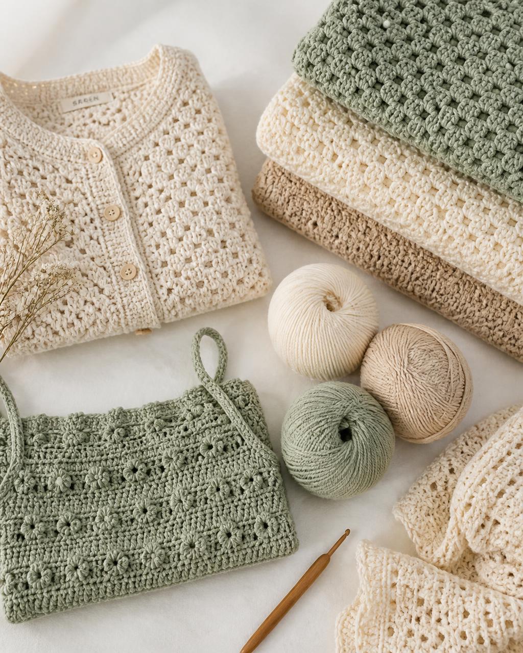 Hand-crocheted cream and oat blankets with balls of yarn