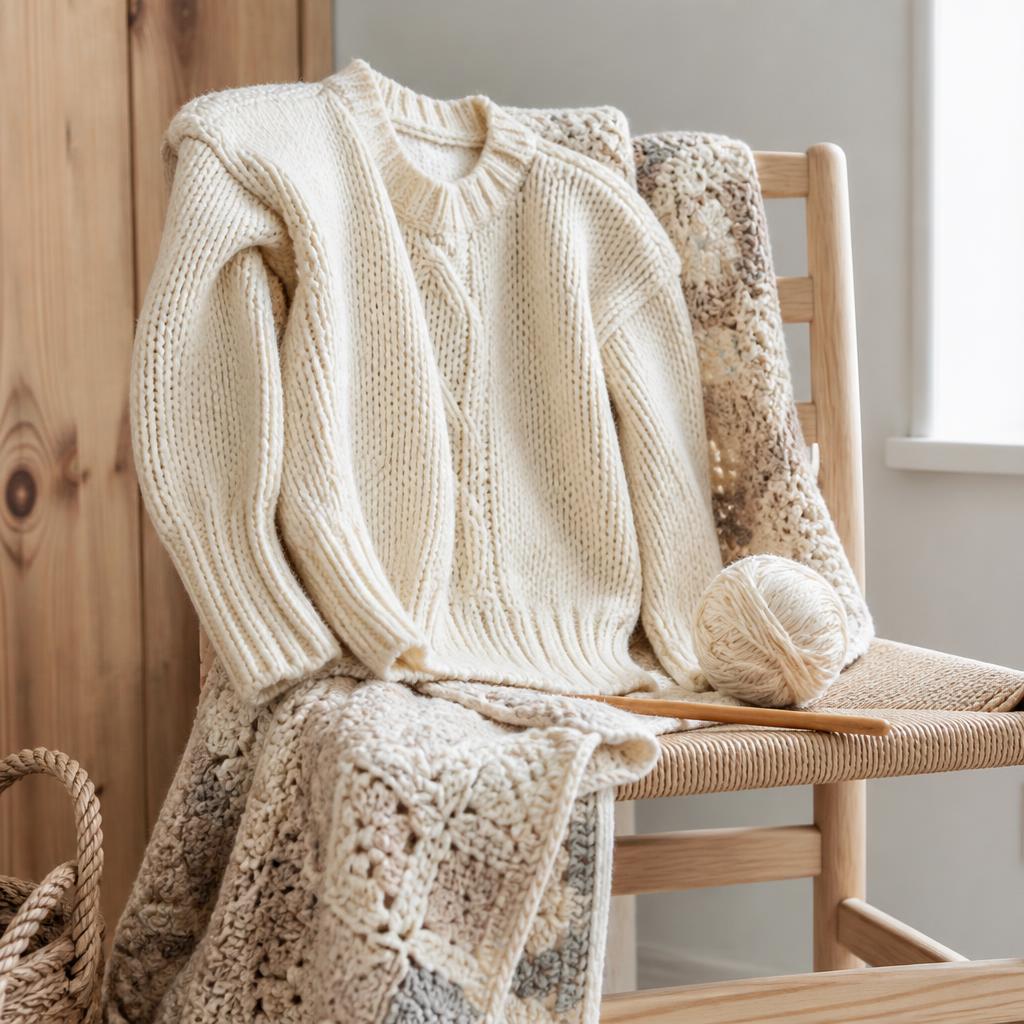 Hands crocheting soft cream yarn with a wooden hook